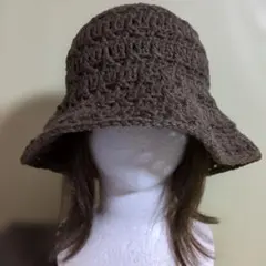つば長め　ブラウン　ニット帽　ハンドメイド クロシェハット　バケットハット