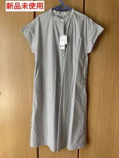 (新品)グローバルワーク ノーカラー半袖シャツワンピース マキシ丈 ストライプF