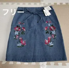 新品　刺繍　スカート　膝丈　デニム　フリー　ミニスカート　台形　ページボーイ