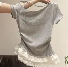 【新品】Tシャツ ワンホントップス 韓国トップス ラインストーン フリルロゴ