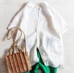 美品✨快晴堂 リネン100% ラウンドカラー半袖シャツ ホワイト 洗える 