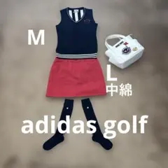 【アディダス】ゴルフウェア レディースセット ネイビー ベストM中綿スカート赤L