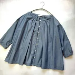 ポンデシャロン ラウンドネックブラウス シャンブレー 七分袖