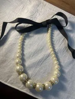 パール ネックレス ブラックリボン