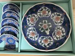 美濃焼　夢関　青色花柄陶器皿セット（大皿1枚、小皿5枚）のサムネイル