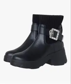 極美品 ＋diana クリスタルバックル 撥水ショートブーツ 厚底 レザー 黒