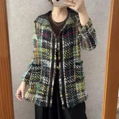 used ツイードニットジャケット カーディガン マルチカラー レトロ 古着