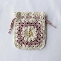 編み物　お花の巾着　ポーチ　フラワーモチーフ　モチーフ編み
