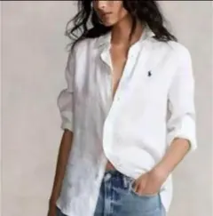 ★美品★ポロラルフローレン紺色ポ二ー刺繍 フィット リネンシャツ M