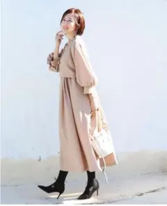 ＜授乳服・マタニティ＞パルフェ・ボリュームスリーブワンピース、ピンクMサイズ