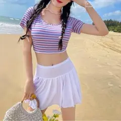 【2点セット】水着 レディース セパレート ビキニ ボーダー スカート M