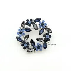 【F2】ブルー系リースブローチ　北欧風　花　アンティーク調　卒園式　卒業　入学式