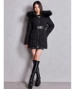TINY GDベルト付きロングタウンコート 黒 ギャル GYDA 可愛い ファー 