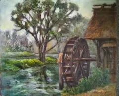 保田三友紀の油絵F8号 安曇野大王わさび園の水車値下げ