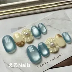 226.オーダーネイルチップ ブルー マグネット 花 ぷっくり 入学式 春