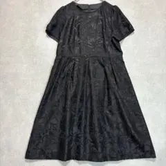 美品！花柄ジャガード フレアワンピース 黒 L ミディ丈　フォーマル　お呼ばれ