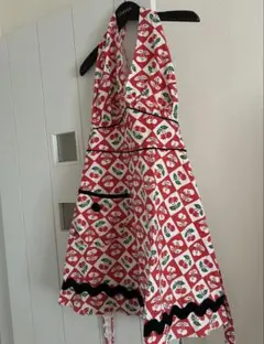 【美品】チェリープリントのハルターエプロン