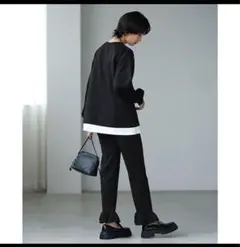 ブラック レイヤード スウェット トップス　ルームウェア　重ね着風　体型カバー