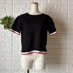 a1072 ザラ ニット 半袖 Tシャツ M 黒 赤白ライン ボーダー