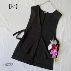 ブラック Vネック ロングベスト ジレ ボタン 紐デザイン 黒 M