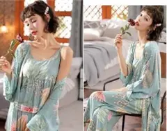 3点セット　レディース ルームウェア 部屋着 パジャマ カーディガン 花柄 L