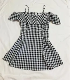 オープンショルダー ギンガムチェック フレアミニワンピース　M相当　ネコポス