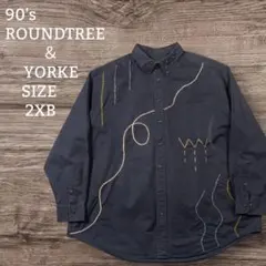 90's ROUND＆YORKE シャツ ネイビー 刺繍 大きいサイズのサムネイル