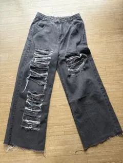 ダメージ加工ダークグレーワイドレッグデニム