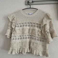 ZARA 半袖 ニット クロップド丈　トップス アイボリー Sサイズ　短丈　美品のサムネイル
