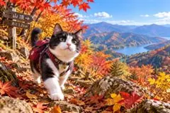 紅葉の山道を歩く猫 デジタルアート イラスト ポストカード