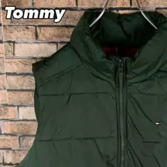 希少☆ L トミーヒルフィガー ダウンベスト 刺繍ロゴ オリーブ 緑 グリーン