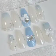ネイルチップ 量産型 韓国 ワンホン ツイード 水色 白 ハート リボン