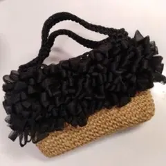 ブラック×麻紐バッグ☆ フリフリバッグ☆ フリルバッグ☆2way☆ズパゲッティ