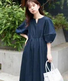 natural couture ランタンスリーブワンピース　S インディゴ