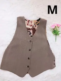 【美品】ブラウン　ストライプベスト　アート風裏地　Mサイズ相当
