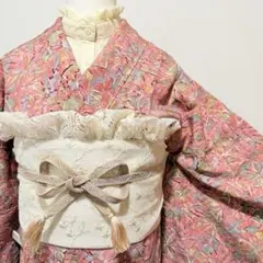 着物　ピンク　花　抽象柄　小紋　かわいい　シルク　袷