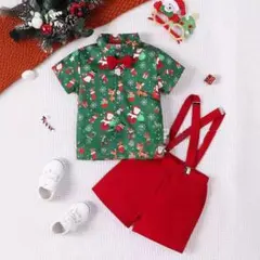 クリスマス　男の子セットアップB 120cmサンタ柄シャツ緑コスプレ子供キッズ