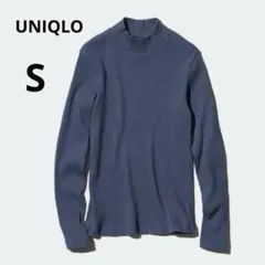 美品 UNIQLO S ブルー リブ ハイネックT 長袖 カットソー ネイビー
