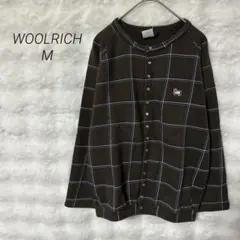 ウールリッチ チェックカーディガン M ブラウン カジュアルアウトドア ロゴ刺繍