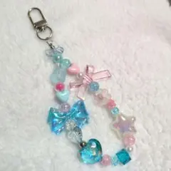 ハンドメイド　ストラップ　ピンク×水色
