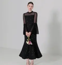 LEJAパールビジュープリーツフレアスリーブマーメイドワンピースドレス