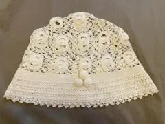 アイボリー クロシェ　帽子　すかし編み　レース編み　モガ
