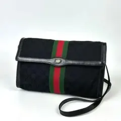美品■グッチ ショルダーバッグ シェリーライン GGキャンバス レザー ブラック
