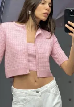 ZARA ピンク ツイード調 半袖 カーディガンのサムネイル