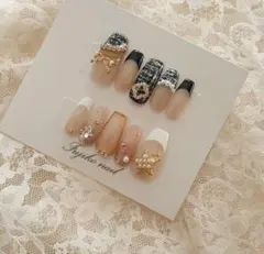 黒 白フレンチ ツイード 星 韓国 量産型 推しネイルチップ