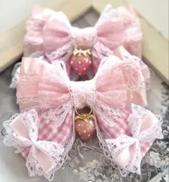 ゆめかわヘアリボンピン　フリルライトピンク×チェック