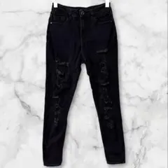 フォーエバー21 ダメージ スキニー デニムパンツ M 黒 綿 ポリエステルのサムネイル