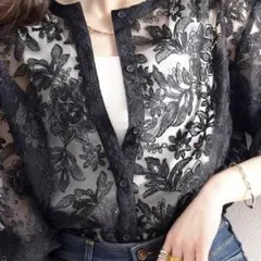 classicalelf 花柄刺繍　シアー　ブラックレース 半袖トップス