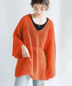 セレクトモカ　Vネック透かし編みニットトップス　メッシュニット