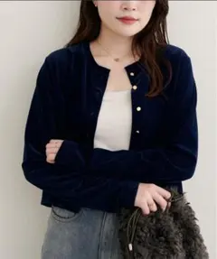 natural couture クルーネックシアーベロアカーデ ネイビー